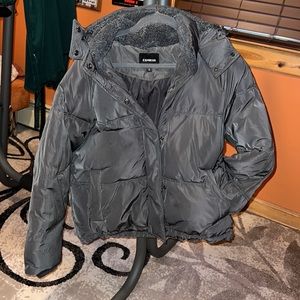 Women’s Gray Express Puffer winter jacket fleece lined hood